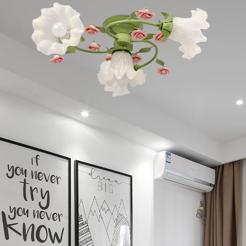 Spiral Bedroom Semi Flush Light Korean Flower Metal 4 Bulbs Green Close to Ceiling Lighting