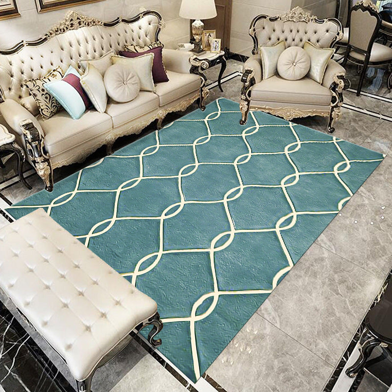 Chic Modern Area Rug Green Geometric Pattern Rug Polyester Non-Slip Backing Carpet for Home Decor