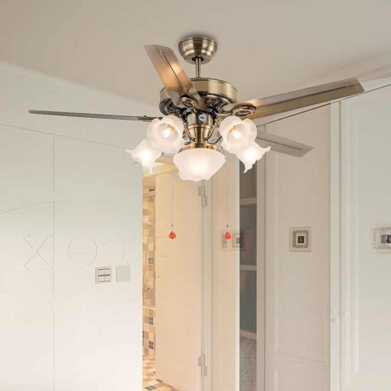 48" Wide 6 Heads Ceiling Fan Light Traditional Living Room 5 Blades Semi Flush Mount Lamp with Flower Milk Glass Shade in Brass, Pull Chain/Remote/Wall Control