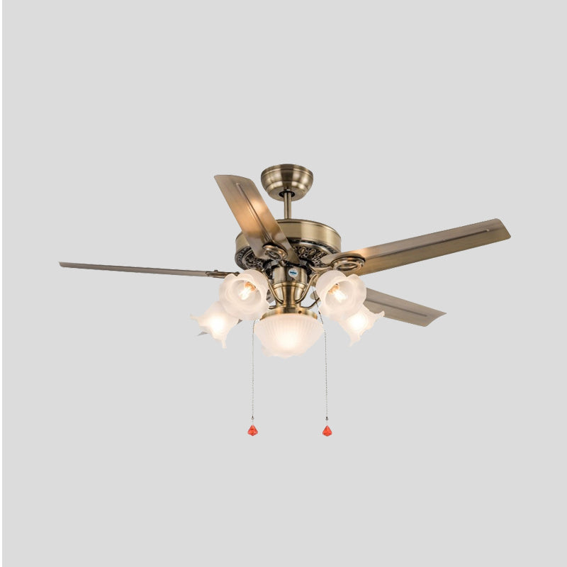 48" Wide 6 Heads Ceiling Fan Light Traditional Living Room 5 Blades Semi Flush Mount Lamp with Flower Milk Glass Shade in Brass, Pull Chain/Remote/Wall Control