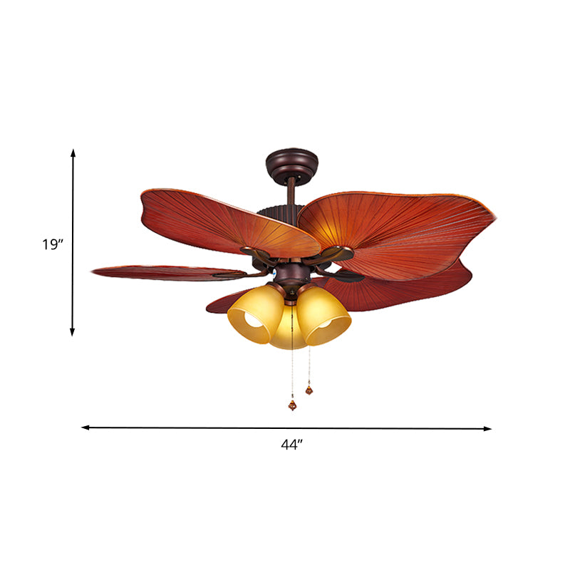 Roodbruine bel semi -spoellamp retro geel glas 3 lichten 44 "w woonkamer hangers ventilator licht met wand/afstandsbediening/trekketting, 5 bladen