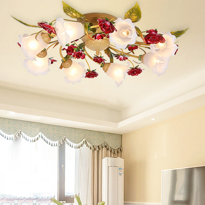 Coffee Spiral Semi Flush Mount Country Metal 3/5/8 Bulbs Living Room Close to Ceiling Lamp with Rose Decoration