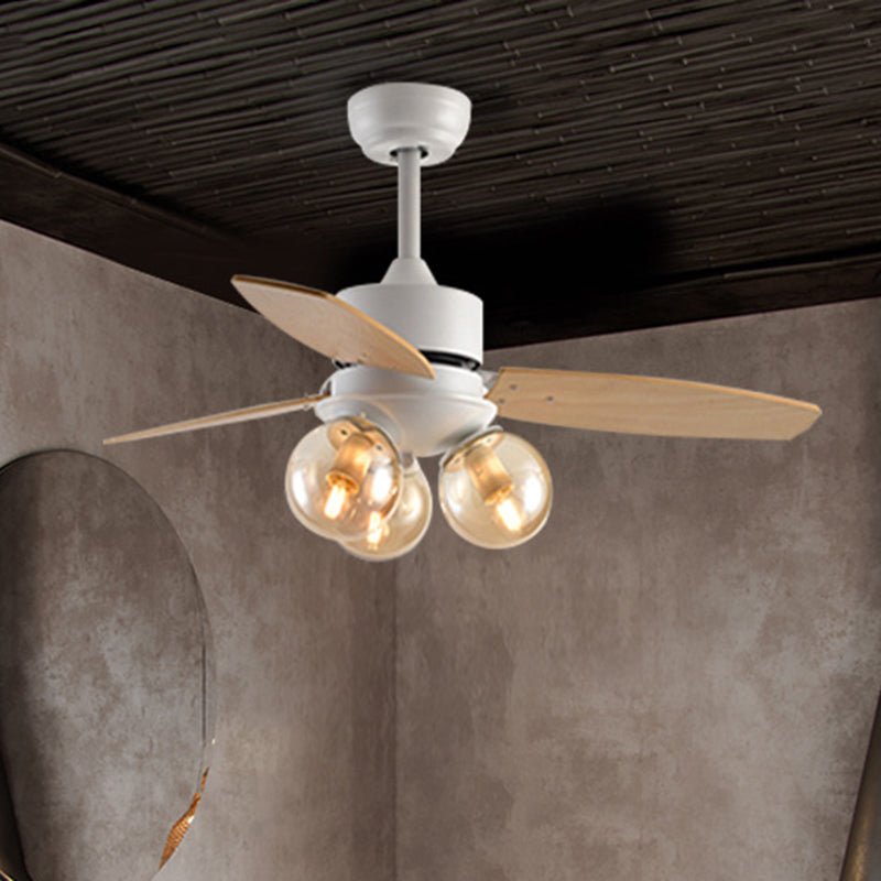 3 Heads Ball Semi Flush Lighting Industrial White/Black Clear Glass 3 Blades Hanging Fan Lamp for Restaurant, 42" W