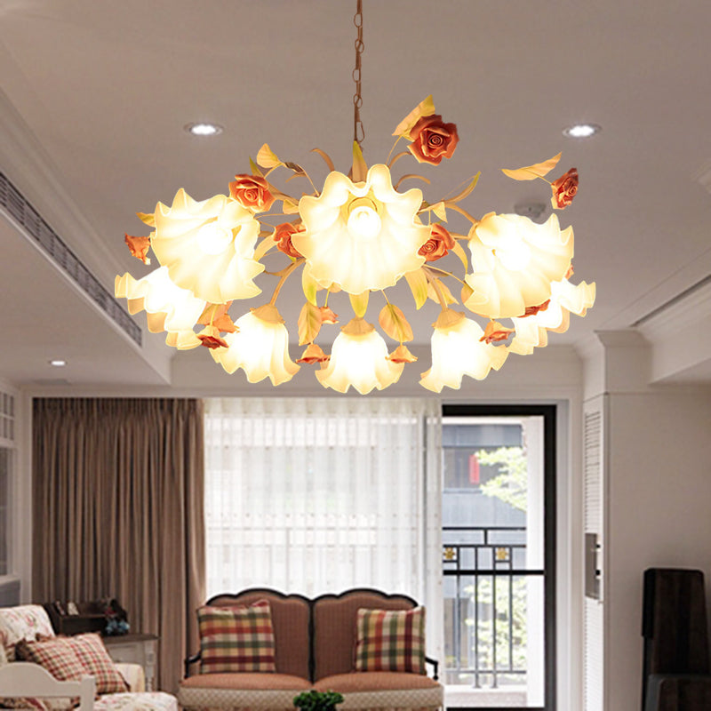 White Glass Scalloped Chandelier Lamp Korean Flower 9 Bulbs Living Room Ceiling Hang Fixture