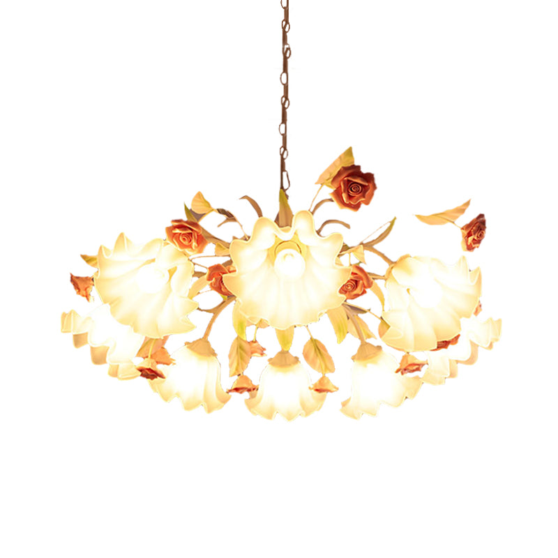 White Glass Scalloped Chandelier Lamp Korean Flower 9 Bulbs Living Room Ceiling Hang Fixture
