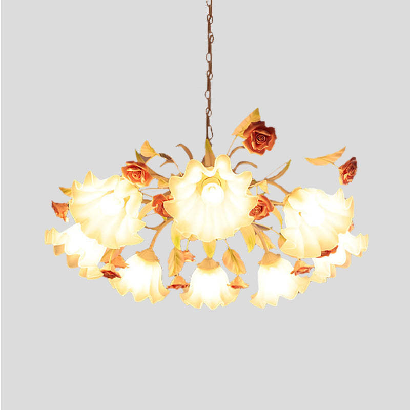 White Glass Scalloped Chandelier Lamp Korean Flower 9 Bulbs Living Room Ceiling Hang Fixture