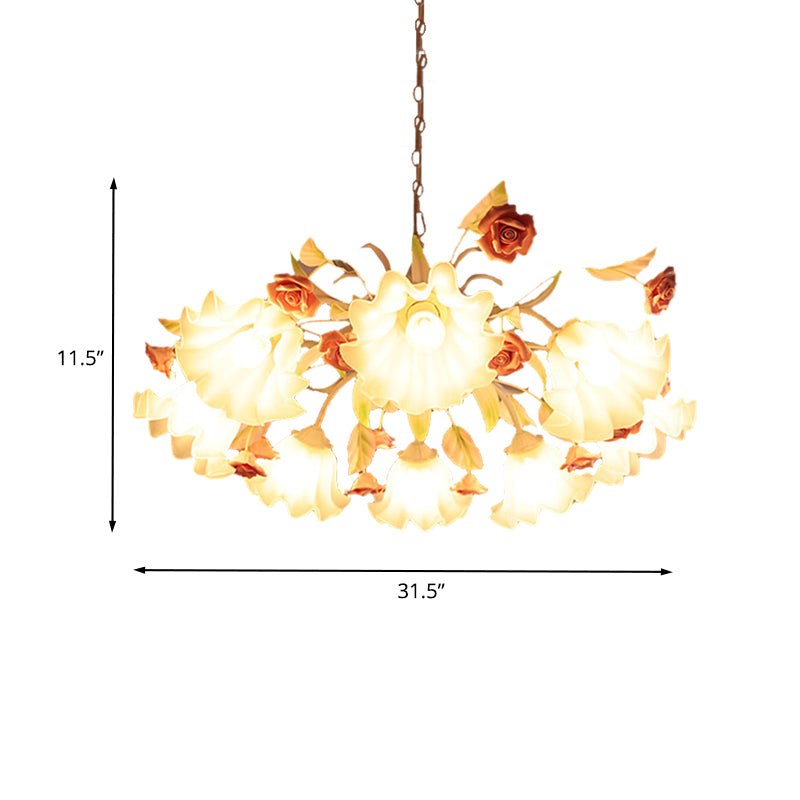 White Glass Scalloped Chandelier Lamp Korean Flower 9 Bulbs Living Room Ceiling Hang Fixture