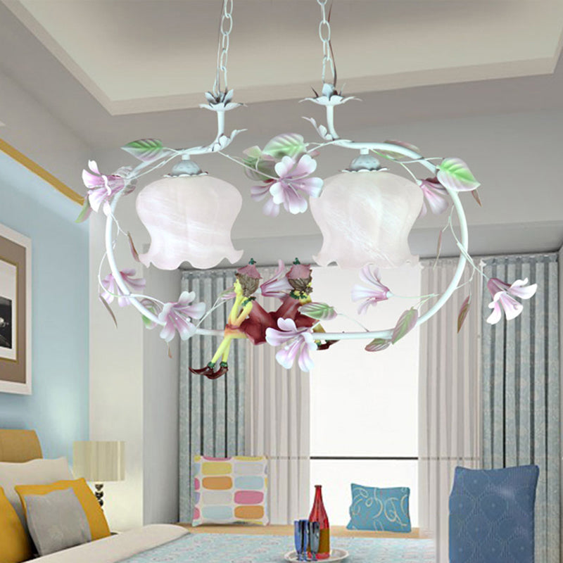 Pink Oval Hanging Chandelier Pastoral White Glass 2 Lights Living Room Ceiling Pendant