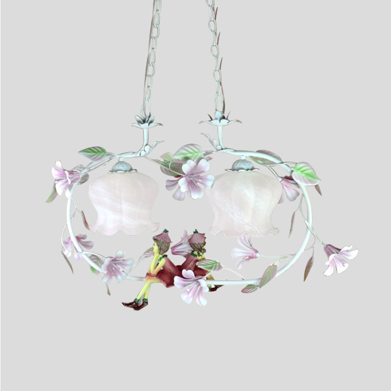 Pink Oval Hanging Chandelier Pastoral White Glass 2 Lights Living Room Ceiling Pendant