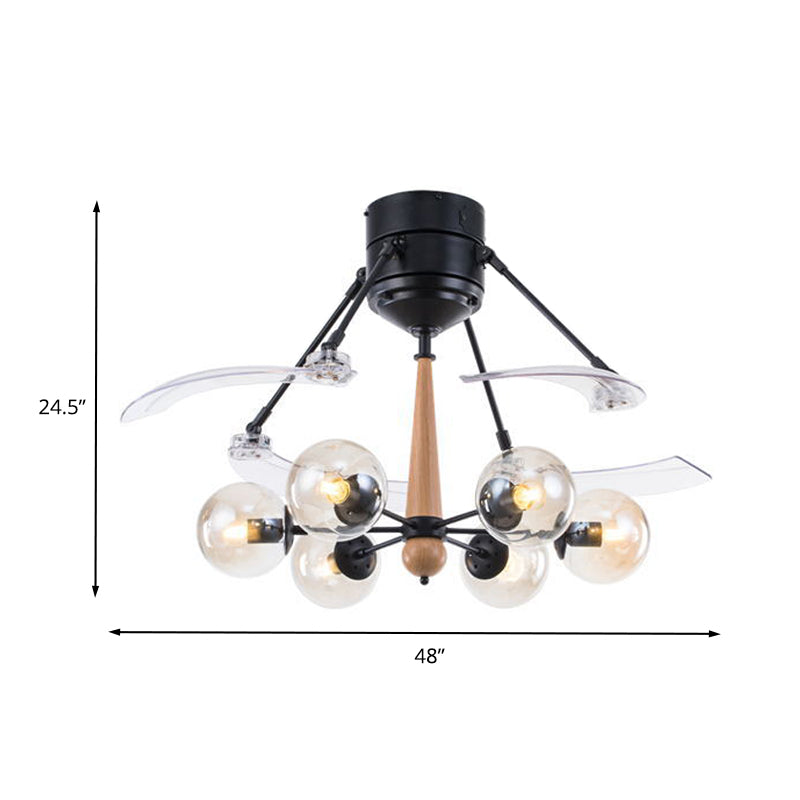Industrial Orb Hanging Ceiling Fan Lamp 48" W 6 Heads Clear Glass Semi Flushmount in Black with Radial Design, 4 Clear Blades