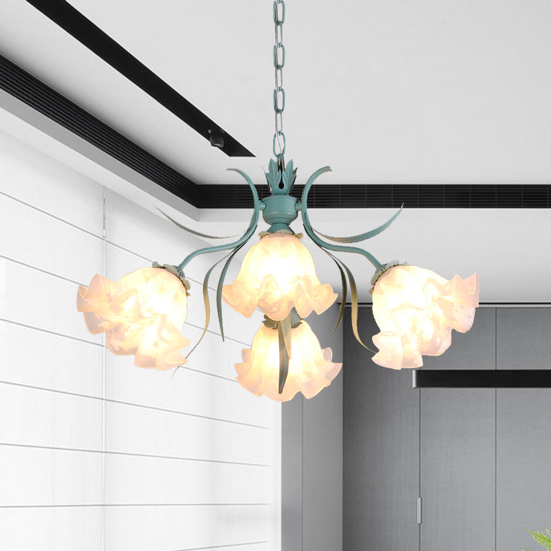 White Glass Green Hanging Chandelier Bloom 4/6/9 Lights Countryside Down Lighting Pendant for Living Room