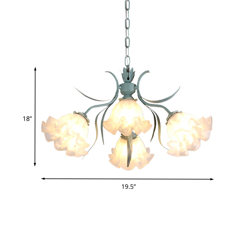 White Glass Green Hanging Chandelier Bloom 4/6/9 Lights Countryside Down Lighting Pendant for Living Room