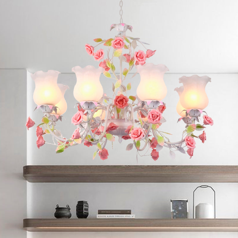Rose Living Room Ceiling Chandelier Pastoral White Glass 8 Heads Pink Hanging Light Fixture