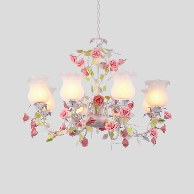 Rose Living Room Ceiling Chandelier Pastoral White Glass 8 Heads Pink Hanging Light Fixture