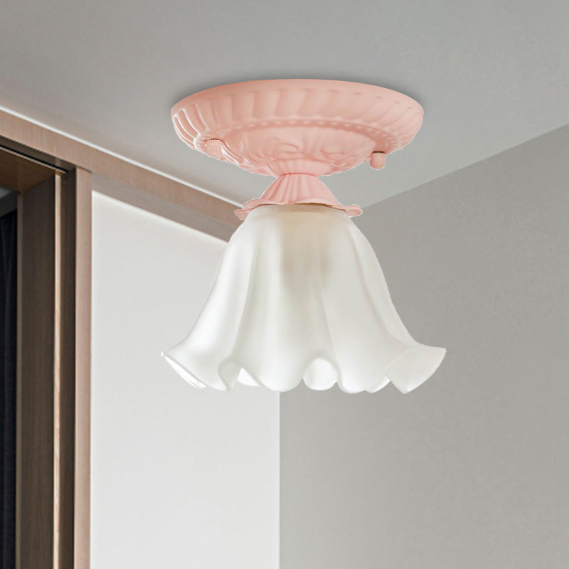 Scalloped Metal Ceiling Light Country 1 Bulb Living Room Flush Mount Lighting in White/Pink/Blue