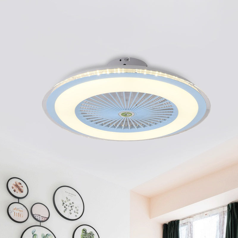 23.5" W LED Circle Hanging Fan Lamp Simple Pink/Blue/Gold Finish Acrylic Semi Flush Mount Lamp with 5 Clear Blades