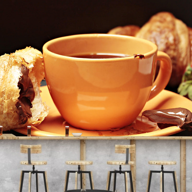 Customized Dessert Wall Mural with Croissant Pattern Mildew Resistant Wallpaper Commerce Shop