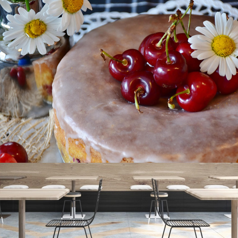 Customized Dessert Wall Mural with Cherry Cake Pattern Mildew Resistant Wallpaper Commerce Shop