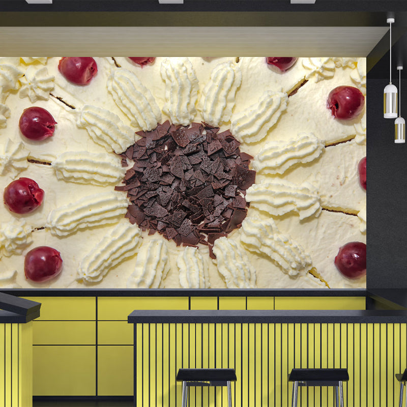 Customized Dessert Wall Mural with Cherry Cake Pattern Mildew Resistant Wallpaper Commerce Shop