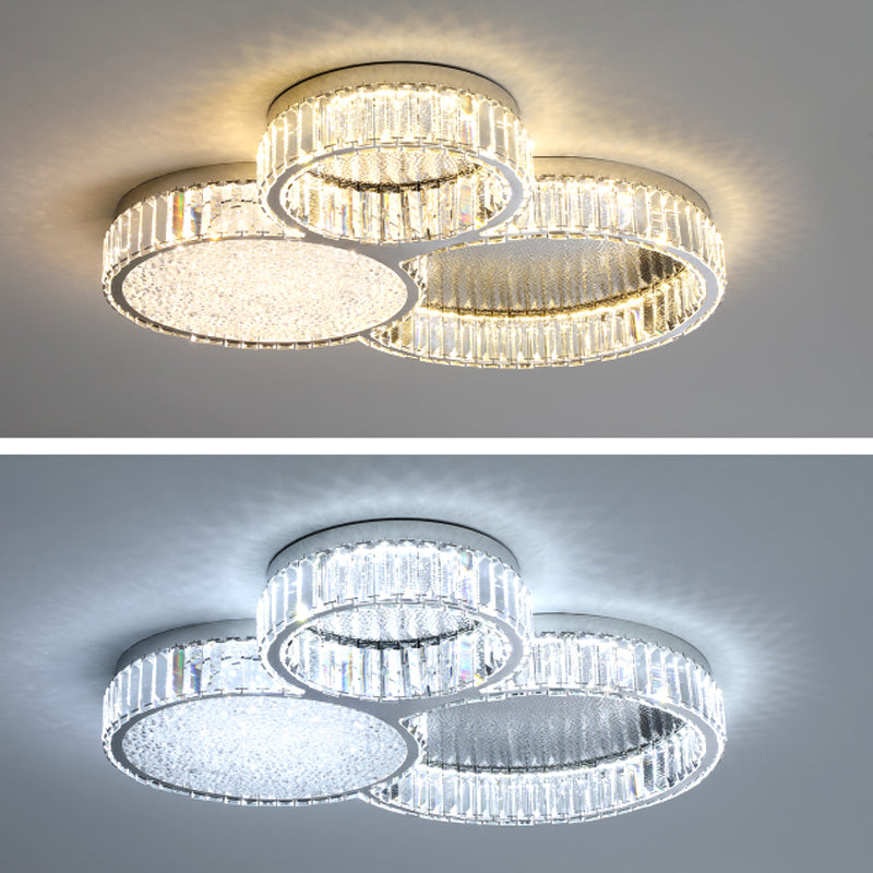 Plafonnier LED argenté en cristal dans un style de luxe moderne, plafonnier circulaire en acier inoxydable