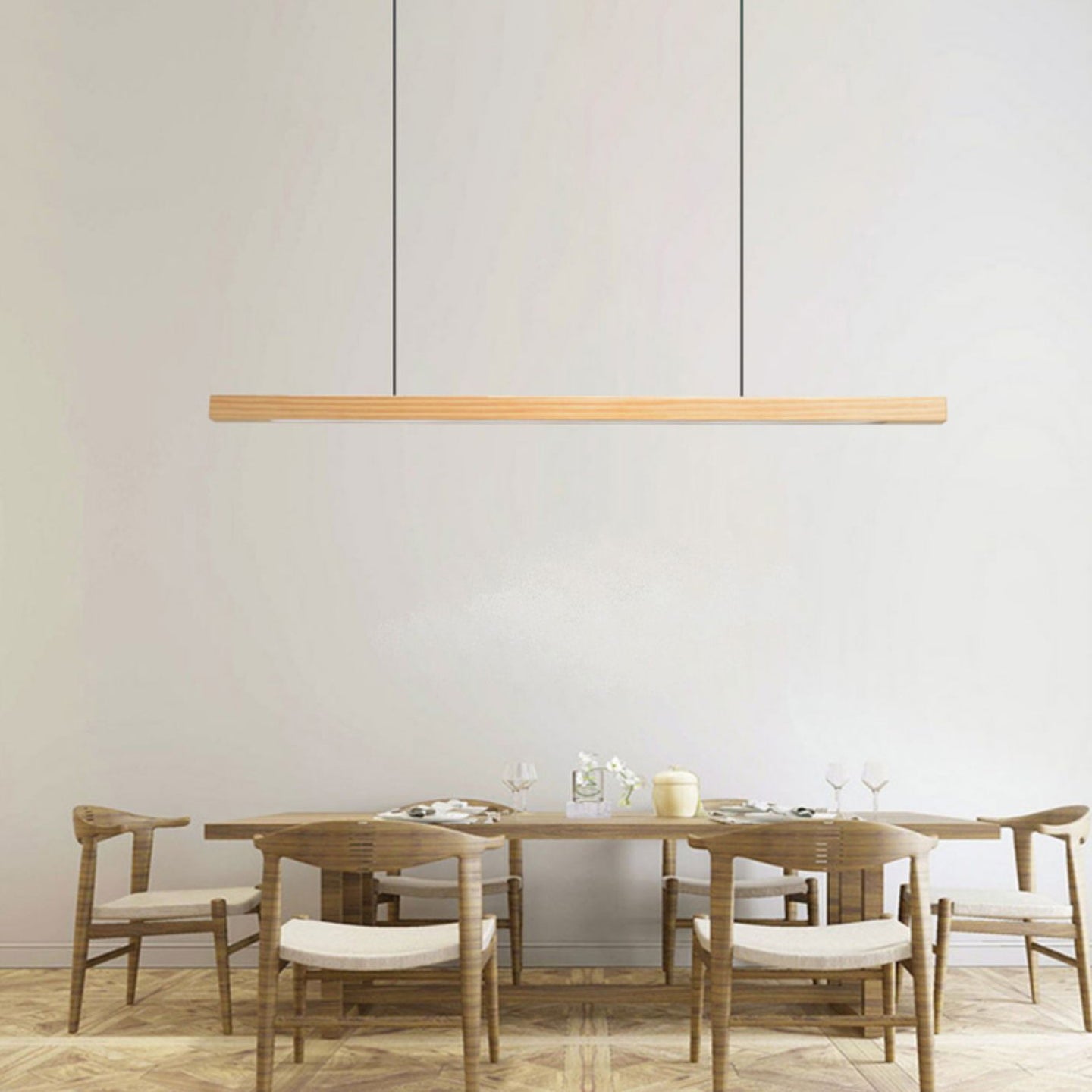 Modern Wood Chandelier Lamp Linear 1 Light LED Island Pendant for Office