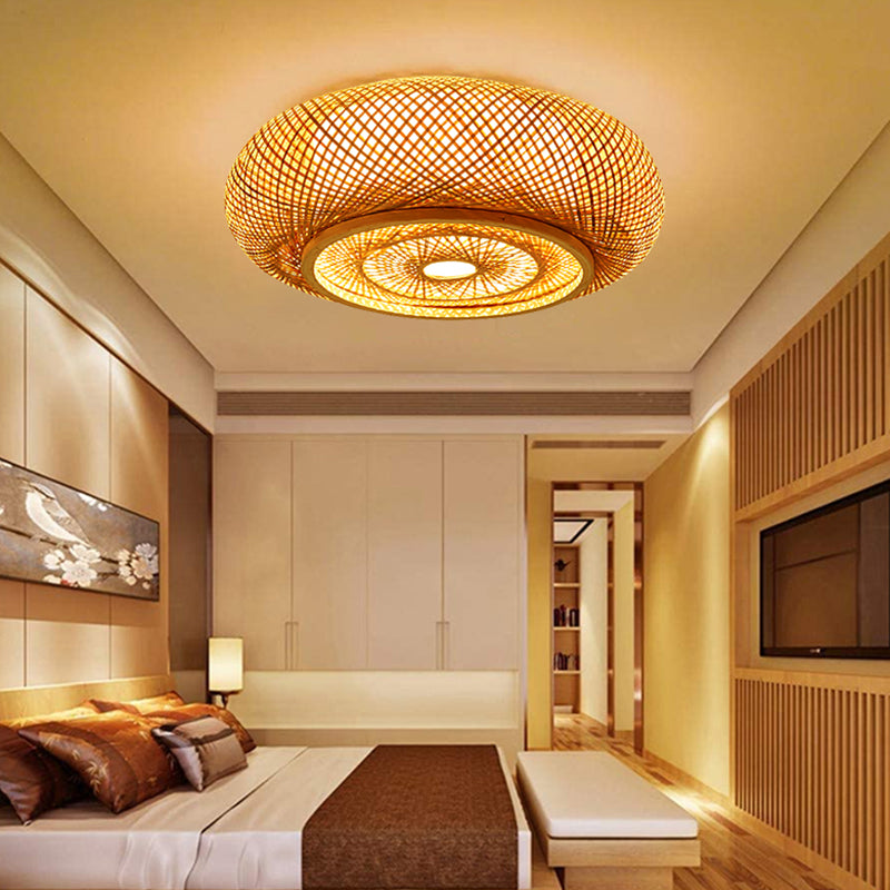 Drum Bamboo Flush Mount Lamp Asian Style Ceiling Lamp for Sitting Room