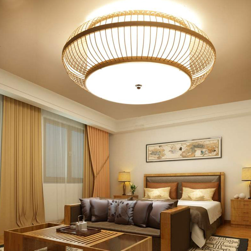Drum Bamboo Flush Mount Lamp Asian Style Ceiling Lamp for Sitting Room