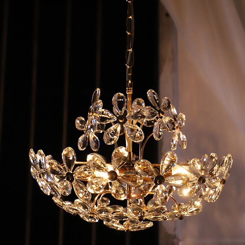 Flower Chandelier Light Fixtures Traditional Multi-Head Suspension Pendant Lamps with Crystal Shade