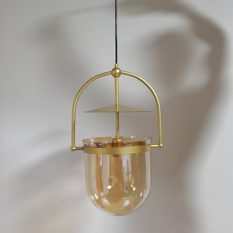 Lampada industriale a sospensione singola vintage lampada in ferro laccata con tonalità in vetro ambra