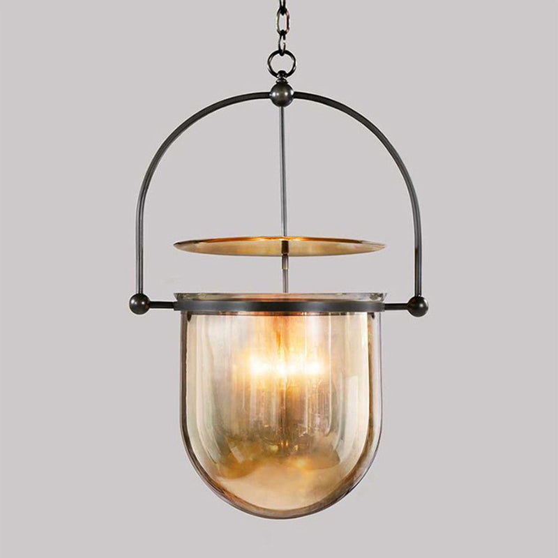 Lampada industriale a sospensione singola vintage lampada in ferro laccata con tonalità in vetro ambra