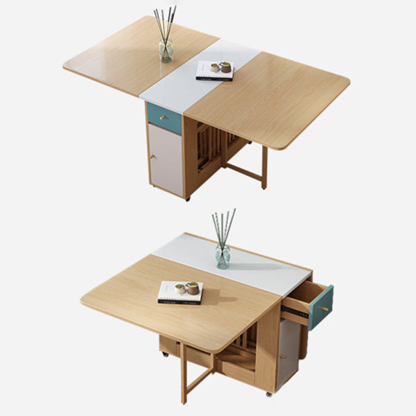 Foldable Artificial Wooden Top Table Rectangle Extendable Table with Storage Trestle Base