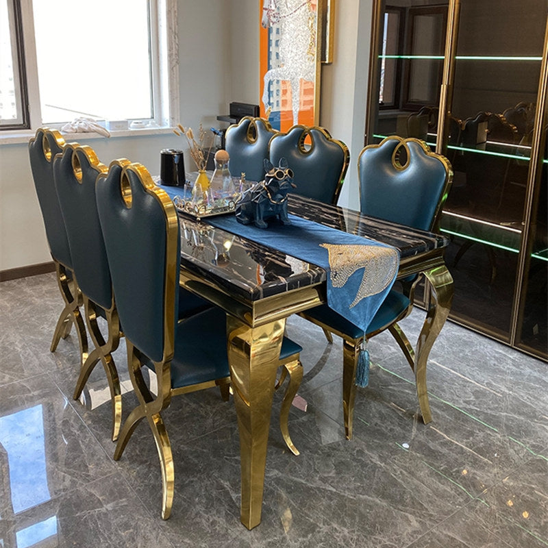 Marble Dining Table Luxury Style 4 Legs Metallic Base Rectangle Table for Home