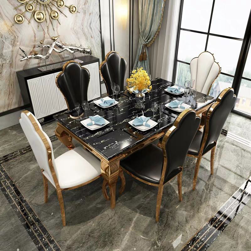 Marble Dining Table Luxury Style 4 Legs Metallic Base Rectangle Table for Home
