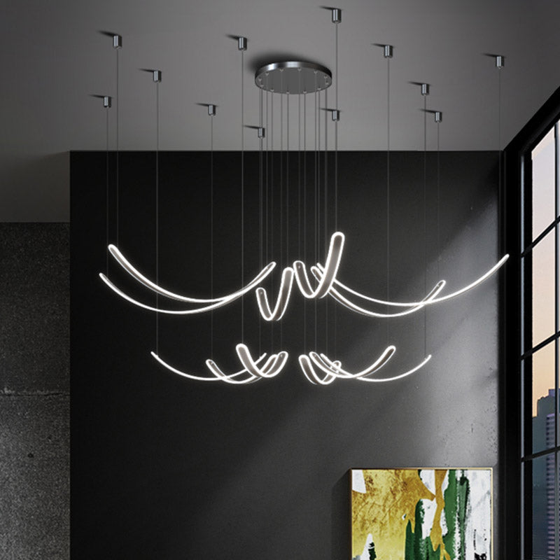 Curved LED Chandelier Minimalist Metal Living Room Villa Hanging Light in Black