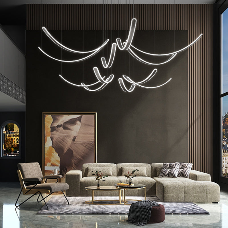 Curved LED Chandelier Minimalist Metal Living Room Villa Hanging Light in Black