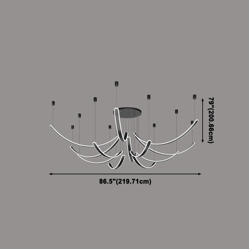 Curved LED Chandelier Minimalist Metal Living Room Villa Hanging Light in Black