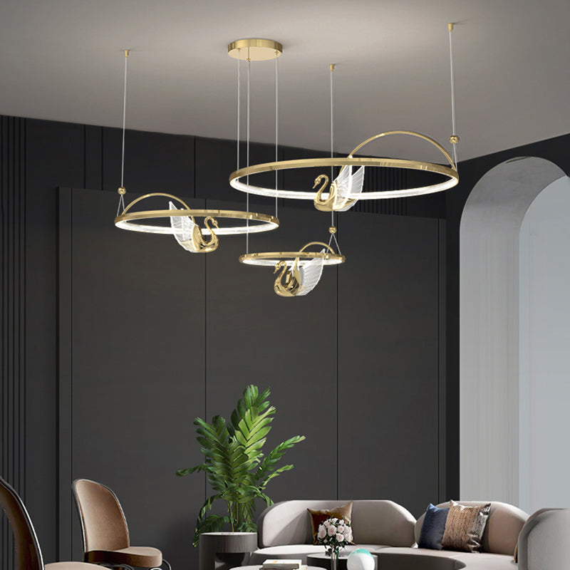 Gold Swan Suspension Light Minimalist Metal LED Chandelier for Living Room