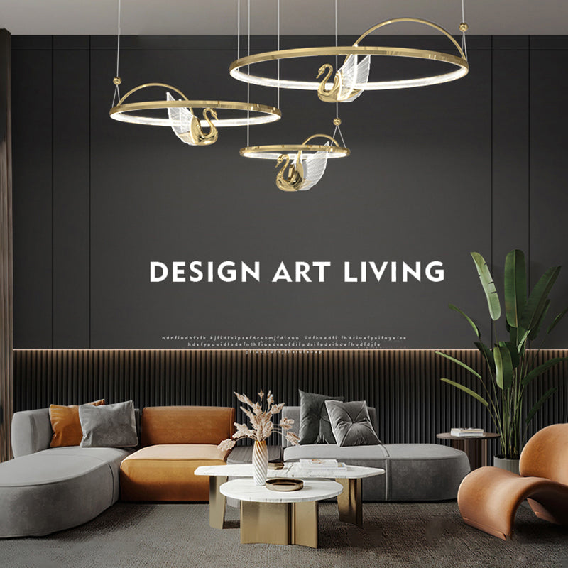 Gold Swan Suspension Light Minimalist Metal LED Chandelier for Living Room