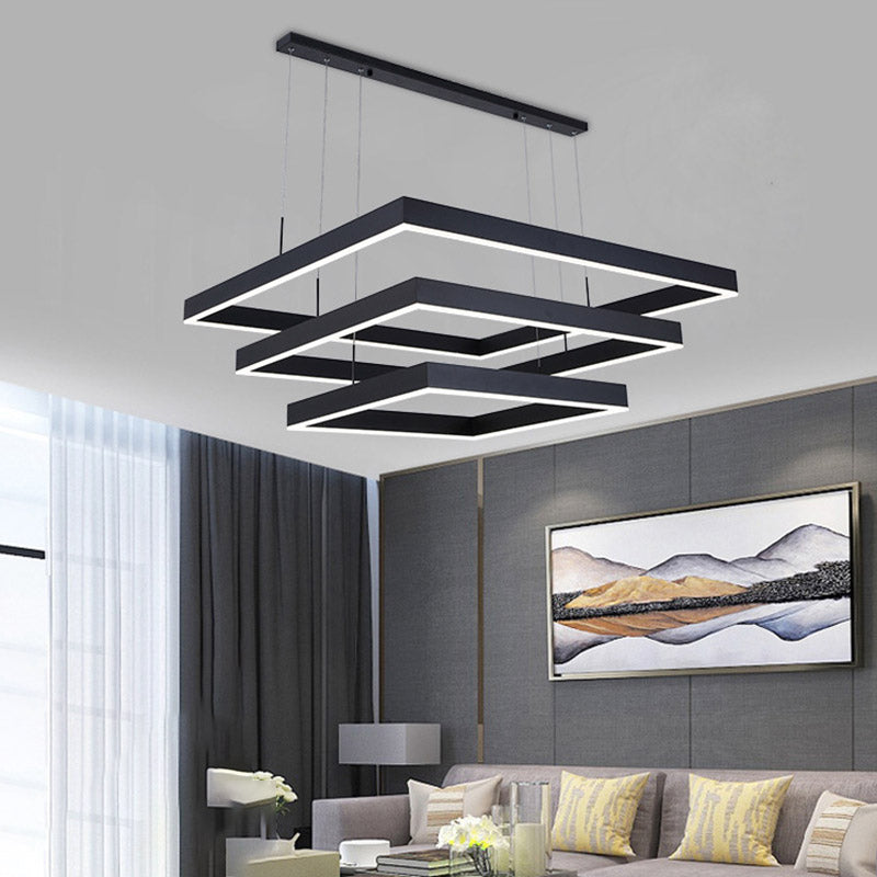 Minimalist Square LED Chandelier Metallic Living Room Suspension Light in Black