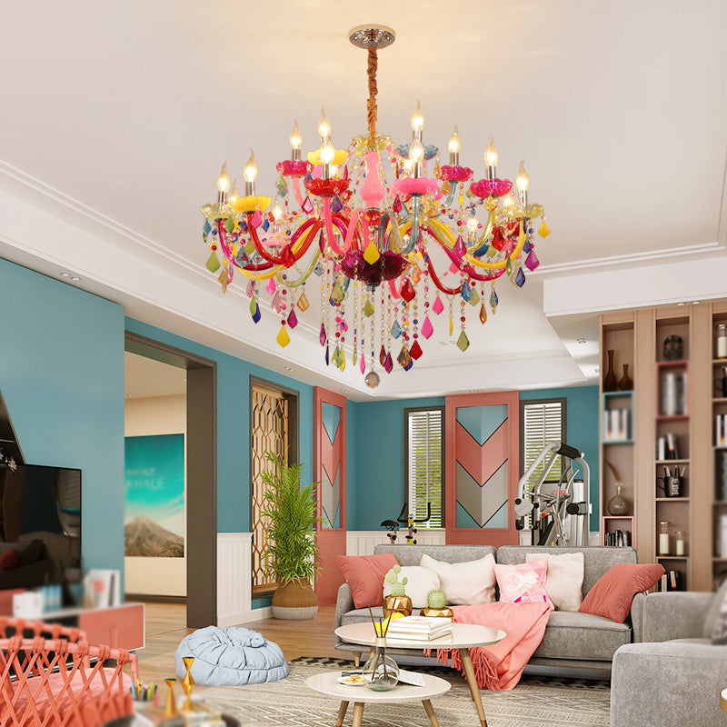Colorful Candlestick Suspension Lighting Macaron Style Chandelier for Living Room