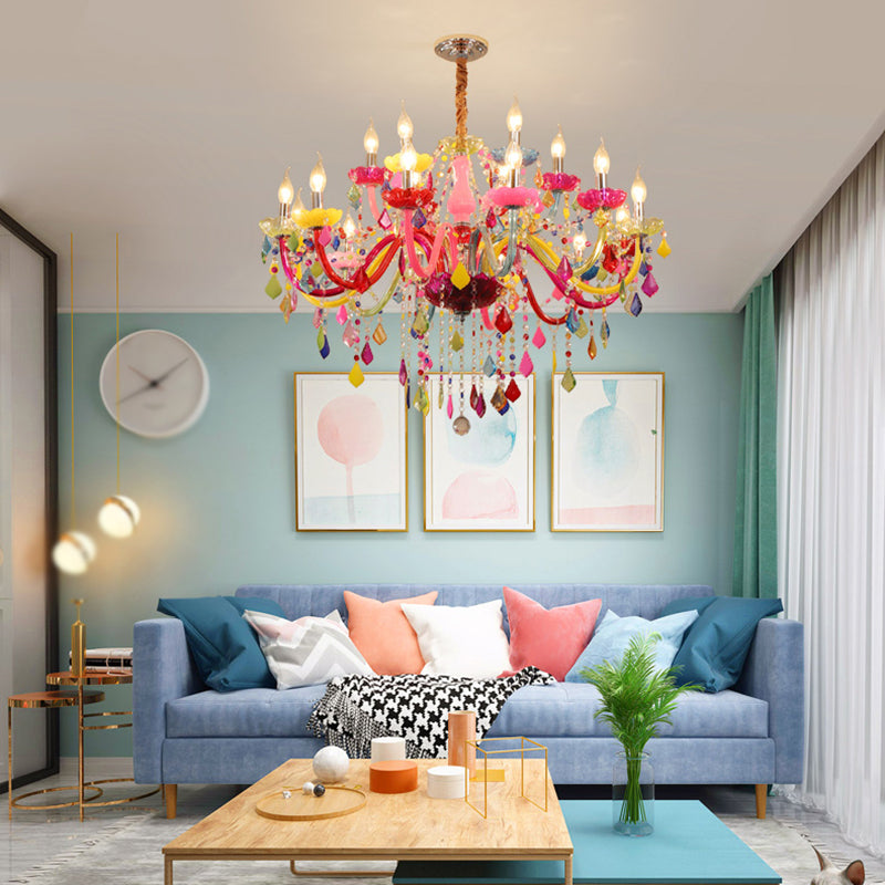 Colorful Candlestick Suspension Lighting Macaron Style Chandelier for Living Room