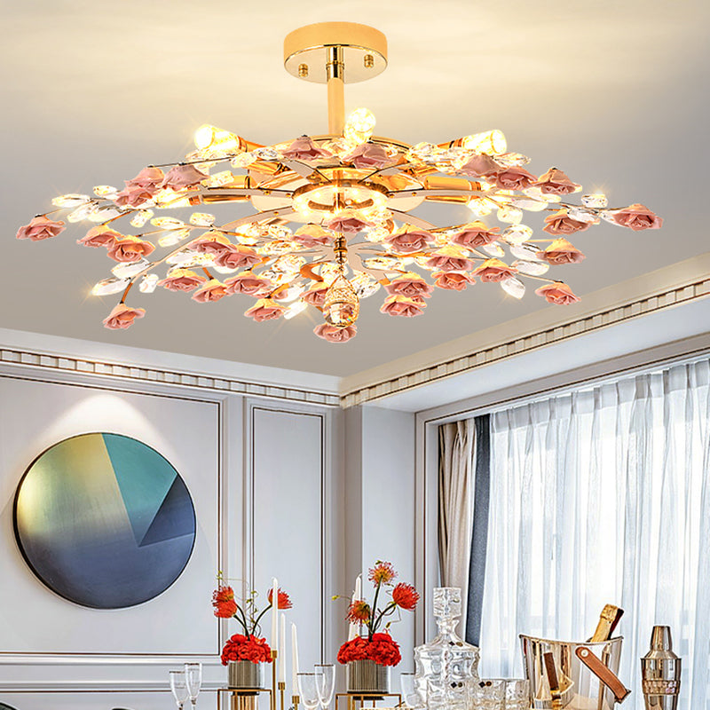 Rustieke roos kroonluchter verlichting Eenvoudig ophanglicht met kristalaccenten