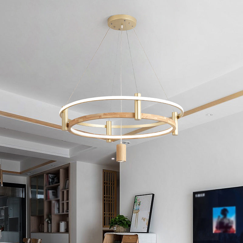 Natural Wood Circle Chandelier Simplicity LED Pendant Light with Spotlight
