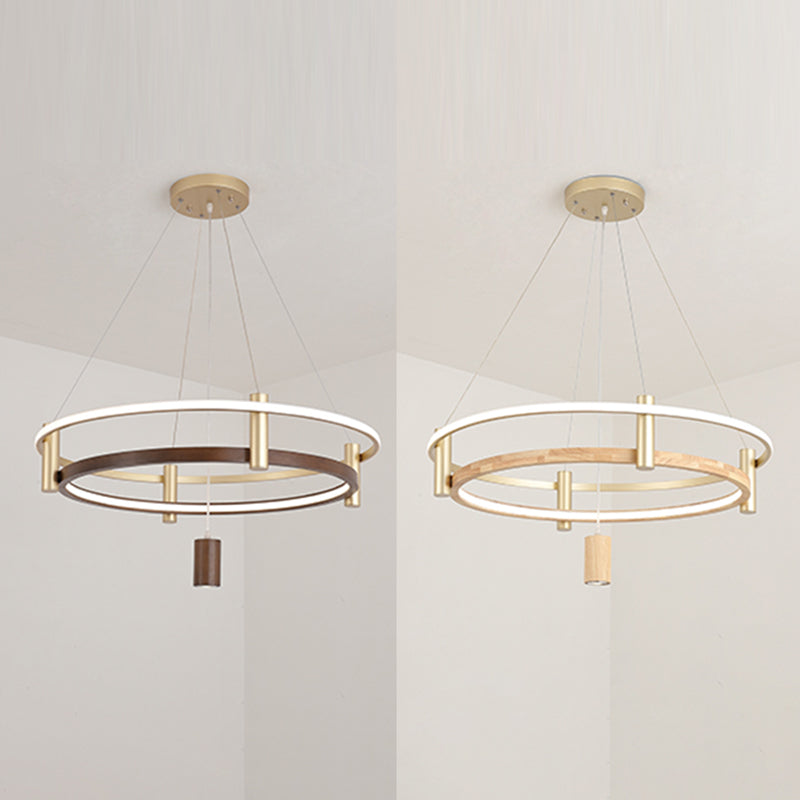 Natural Wood Circle Chandelier Simplicity LED Pendant Light with Spotlight