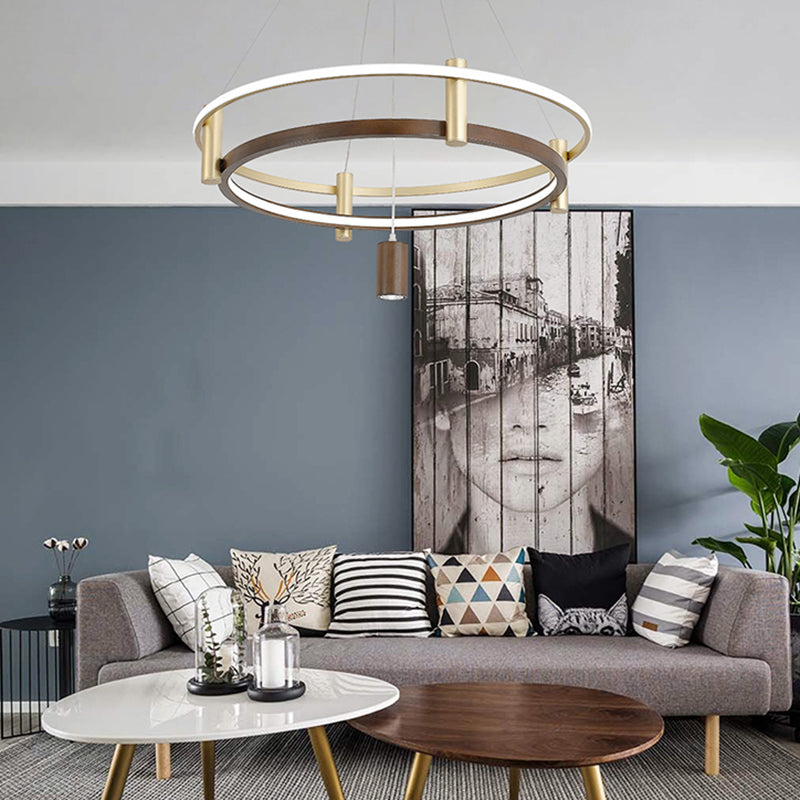 Natural Wood Circle Chandelier Simplicity LED Pendant Light with Spotlight