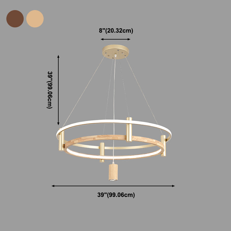 Natural Wood Circle Chandelier Simplicity LED Pendant Light with Spotlight