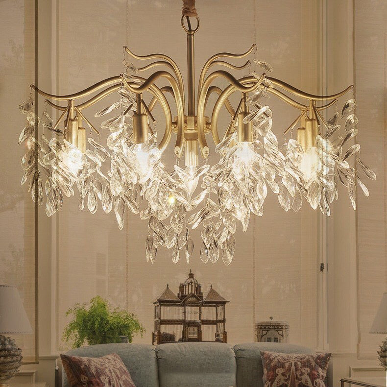 Crystal Leaf Pendant Light Fixture Country Style Living Room Chandelier in Gold