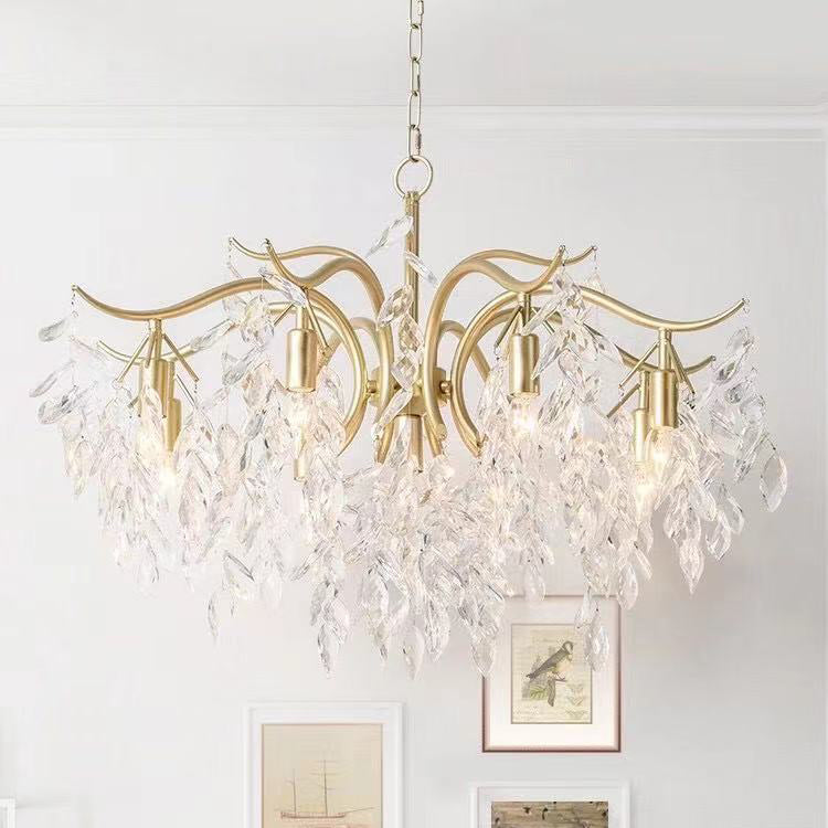 Crystal Leaf Pendant Light Fixture Country Style Living Room Chandelier in Gold