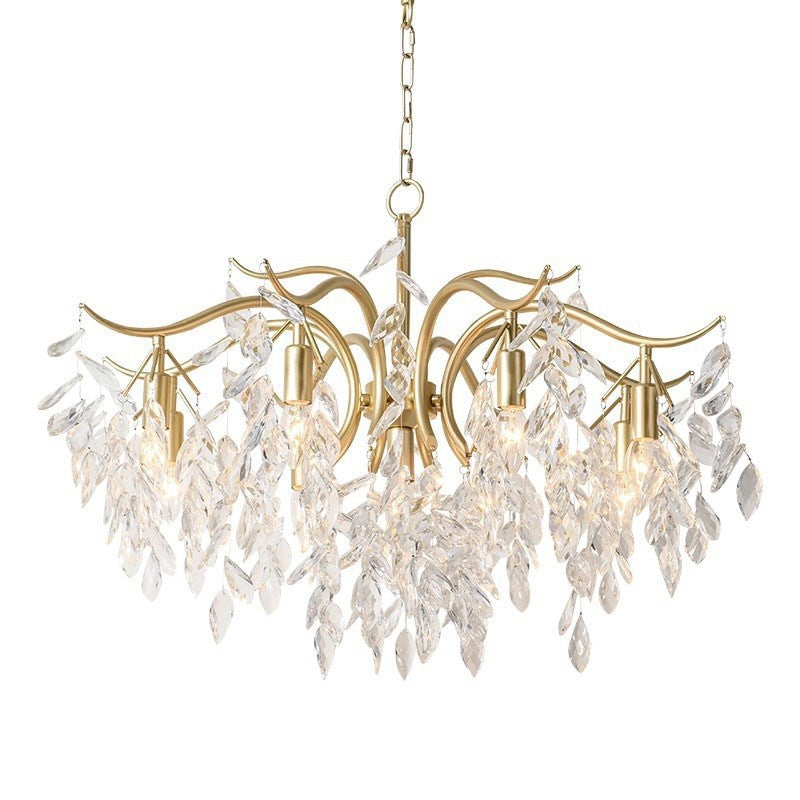 Crystal Leaf Pendant Light Fixture Country Style Living Room Chandelier in Gold