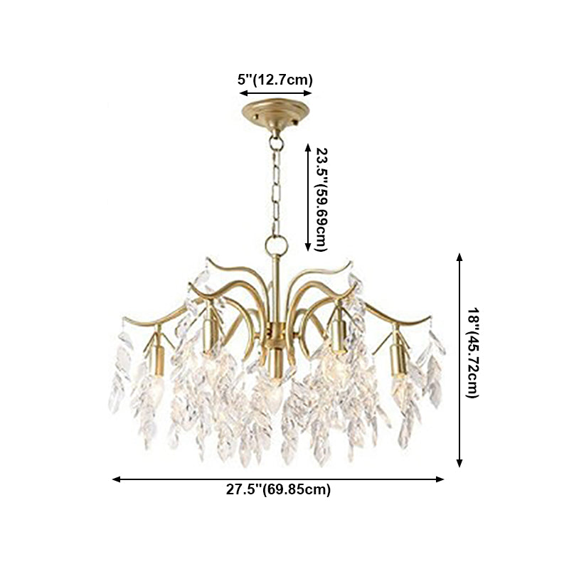 Crystal Leaf Pendant Light Fixture Country Style Living Room Chandelier in Gold